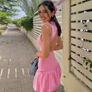 Zara Bubblegum Pink Mock Neck Ribbed Bubble Hem Mini Dress